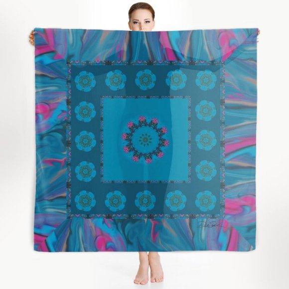 Hawaiian Sand Dollars Pschedelic Blue Extra Large Chiffon Scarf Wrap - Picture 1 of 12